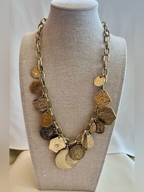 Gold Tone Coin Charm Statement Necklace